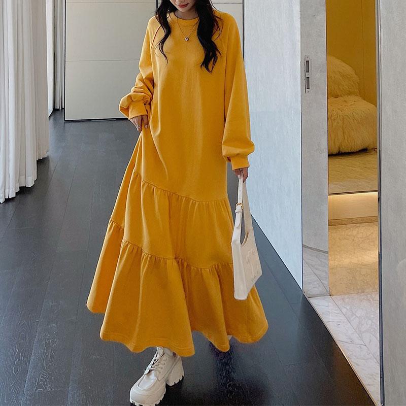 Long Sleeve Plus Fleece Thicken Dress Large Size Loose Lazy Wind Thermal Round Neck Long Solid Youth Comfortable Mermaid Dresses