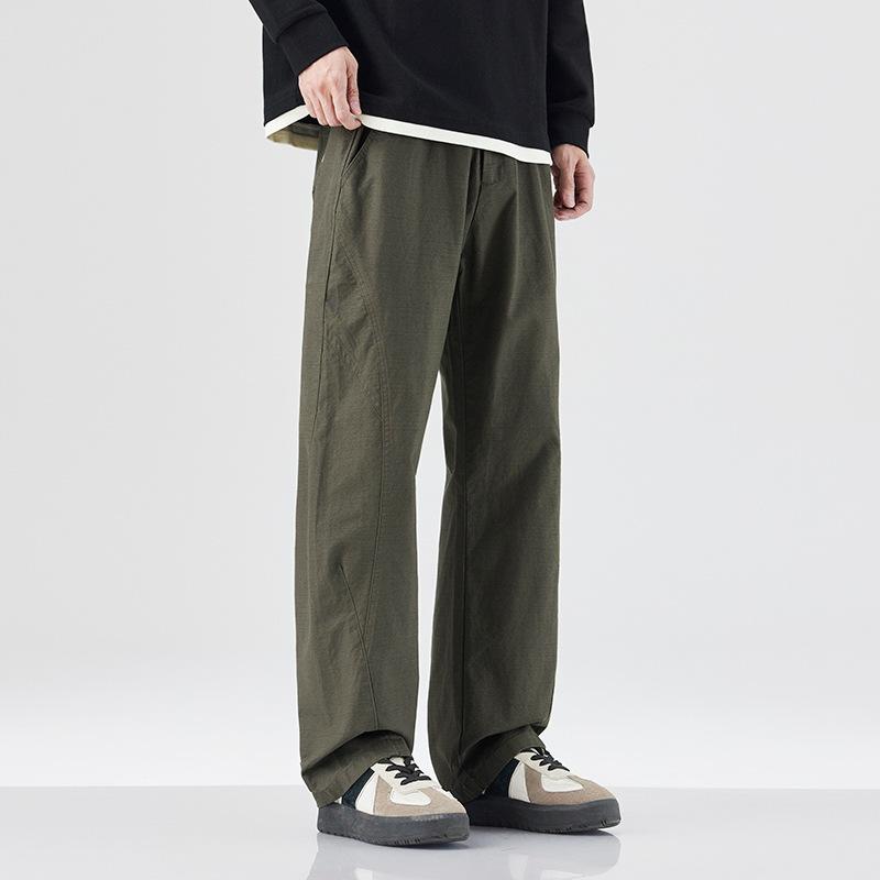 American retro army green casual pants men's autumn new trendy brand fashion splicing straight cotton wide leg straight pants