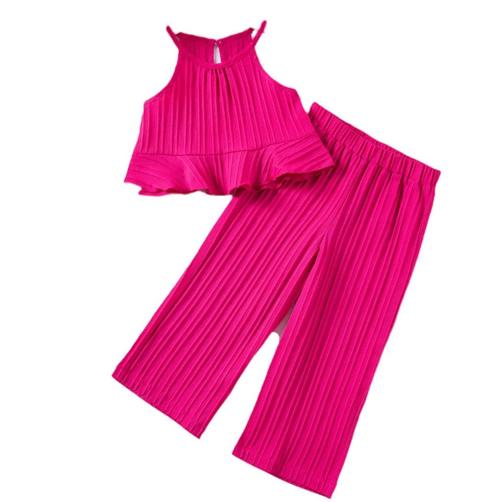 Multi-color Sea Wave Stripe Tank Top & Wide-Leg Pants Set - Stylish Summer Outfit for Girls