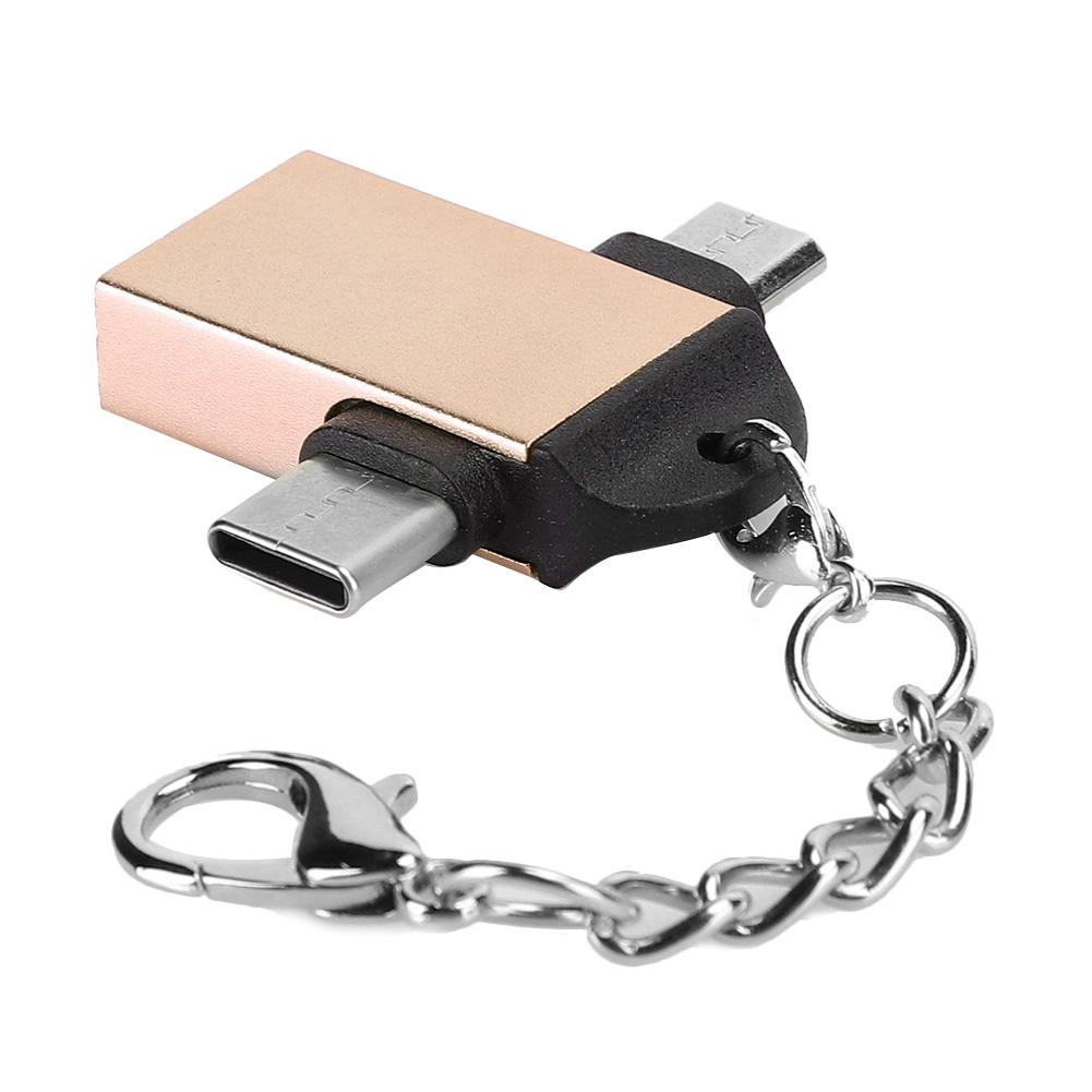 2PCS Aluminium Alloy Shell 2 In 1 OTG Converter USB 3.0 to Micro USB Type C Adapter with Chain for