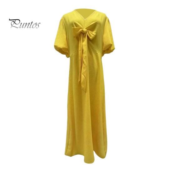 Summer Maxi Dress V Neck Lace-up Waist Bubble Sleeves Solid Color Loose Long Dress for Daily Life Date Work Party