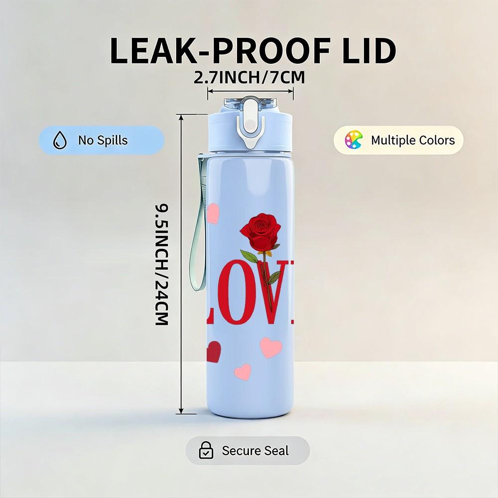 1PC Red Rose Love Letter Pattern 750ml Color Plastic Sports Water Bottle Leakproof Flip Straw Lid Suitable for Sports Office Home Use