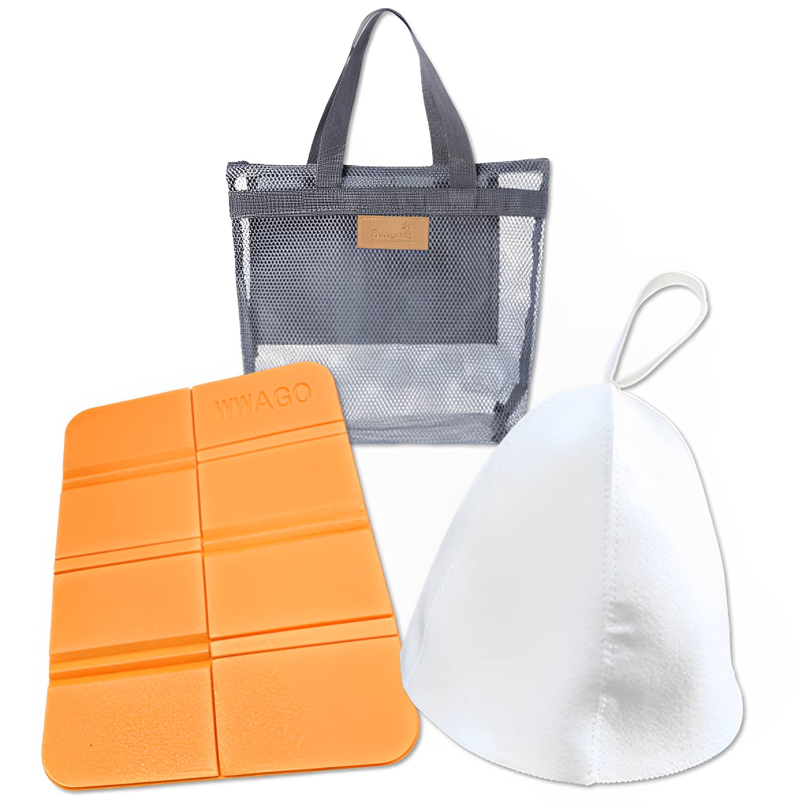 

Solunaterra Sauna Hat for Men and Women, Foldable Sauna Mat, and Sento Set (White Hat, Orange Mat, and Bag)