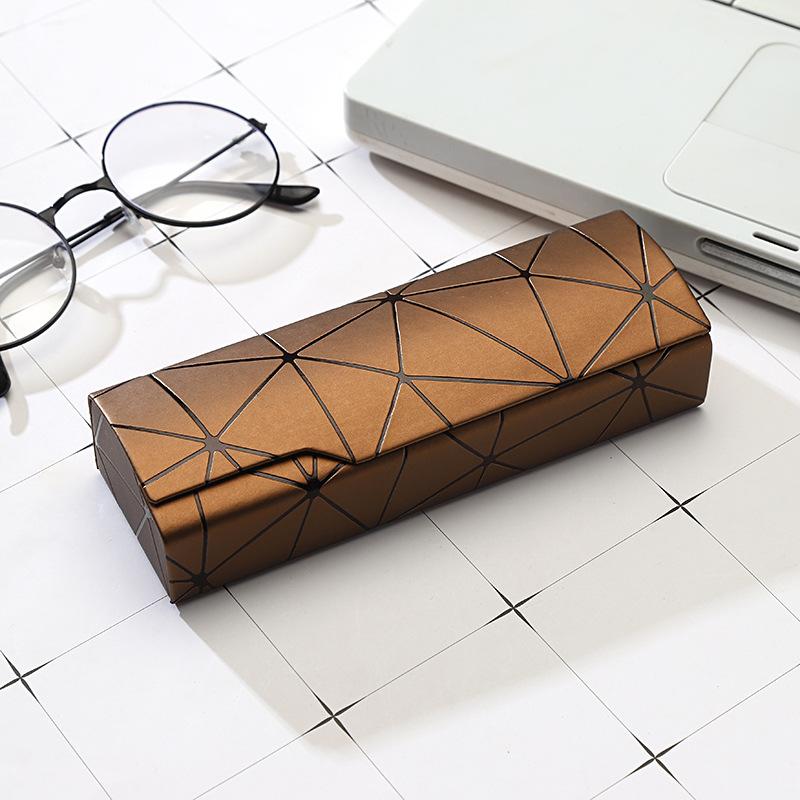 Hard Eyeglasses Case Fashion Geometric Line Decor Waterproof PU Leather Shockproof Spectacle Box for Students Teens