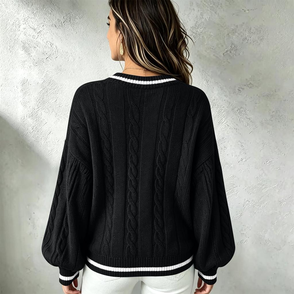 Women's V-Neck Cable Knit Sweater Loose Fit Color Block Long Sleeve Pullover Top
