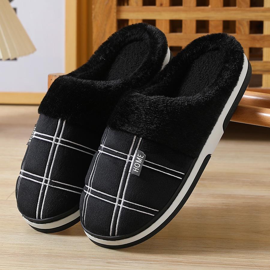 [Winter Slippers] Cozy Plush Winter Slippers for Men | Soft Fleece Lined, Memory Foam Support, Non-Slip TPR Sole, Round Toe, Gray Checkered Pattern