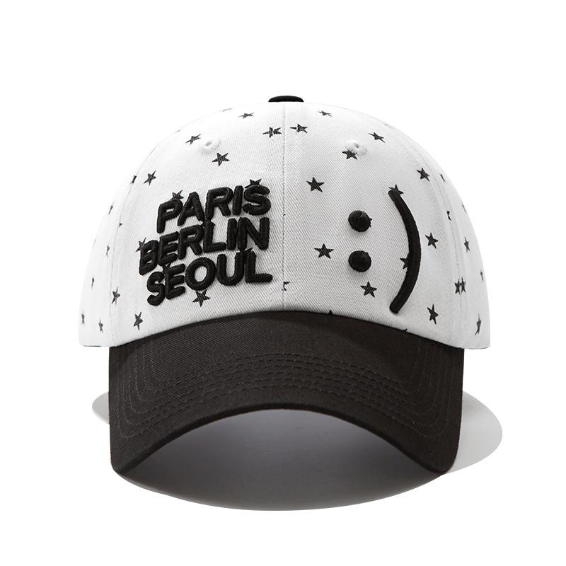 

Smiley face, stars, black and white polka dots, personalized baseball cap, enlarged and deepened face, niche cap Adjustable