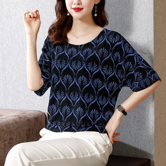 

Футболка из ледяного шелка, верхняя женская летняя новая свободная блузка для мамы, пуловеры с круглым воротником и короткими рукавами, 4XL XL синий