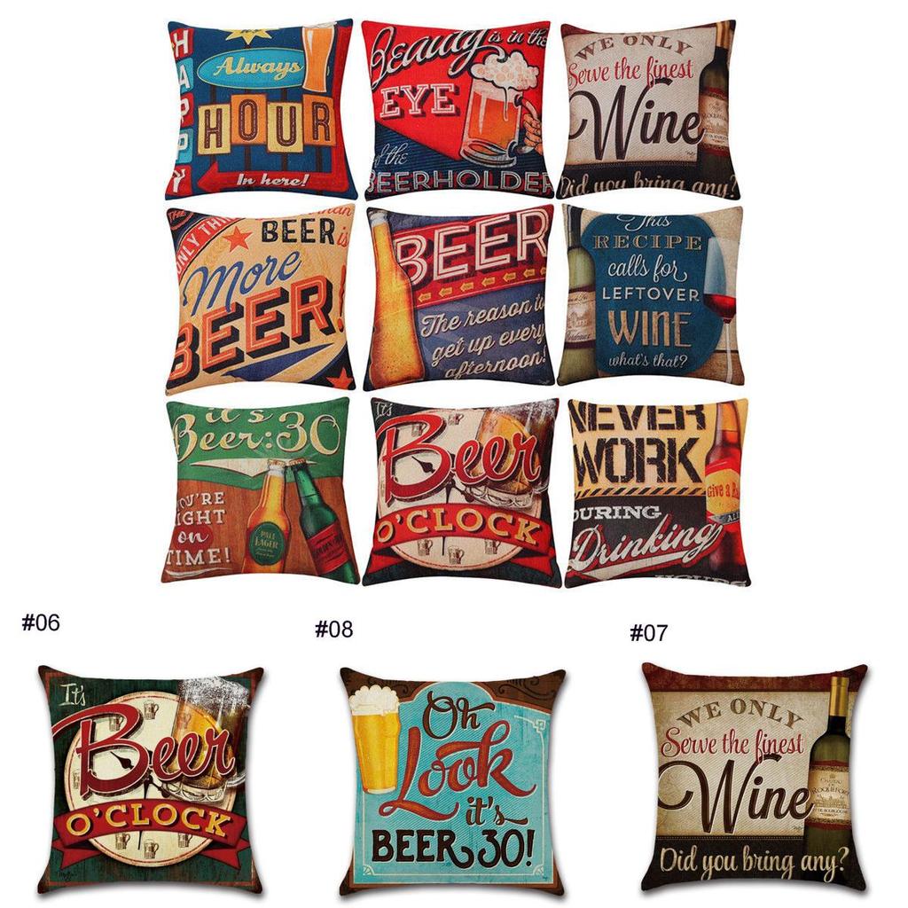 Linen 18" Cotton Pillow Case Vintage Beer Wine Bottle Sofa Throw Cover Cushion