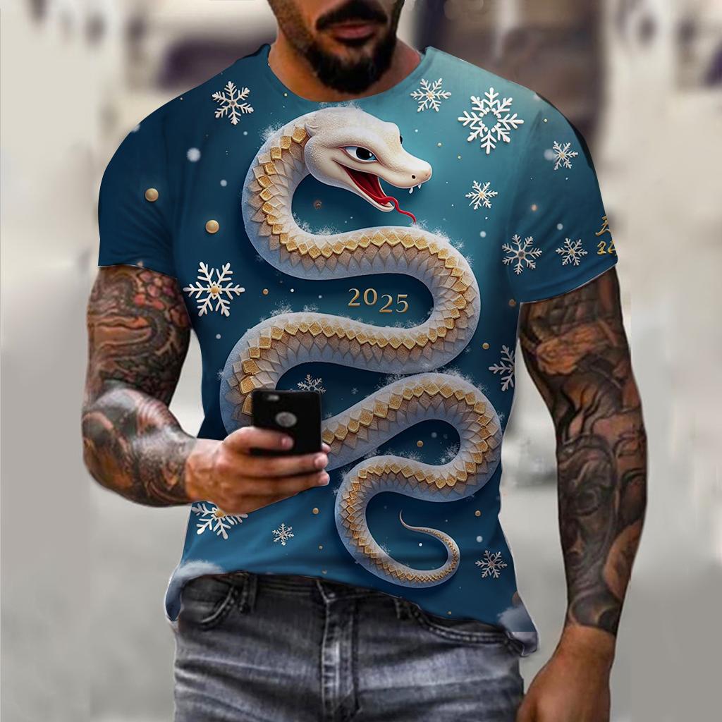 T-shirt décontracté à manches courtes pour homme imprimé 3D Année du Serpent du Nouvel An 2025 Confortable Respirant Imprimé Rétro