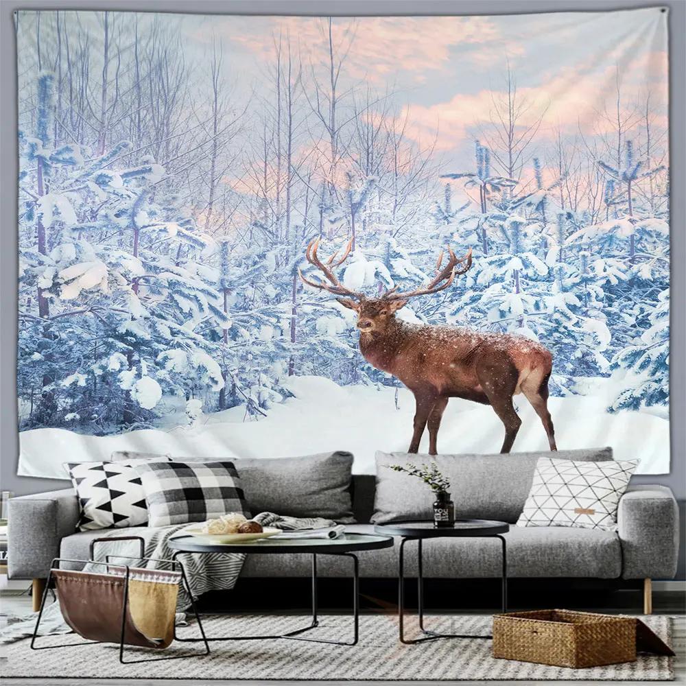 Winter Forest Snow Scene Tapestry Wall Hanging Christmas Tree Happy New Year Bedroom Living Room Home Decoration