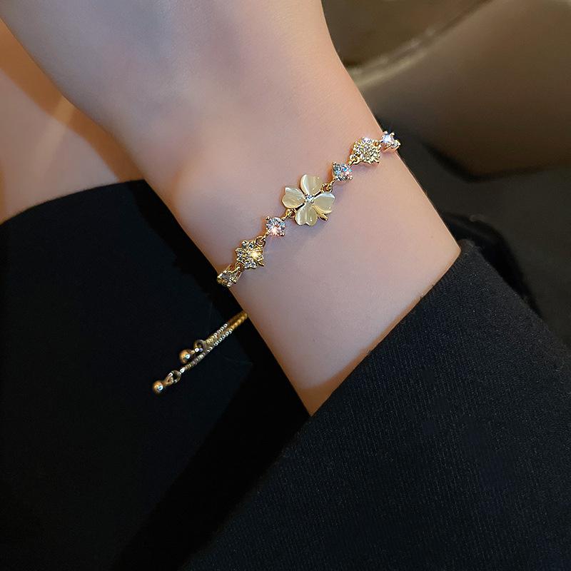 Women Gold Four Leaf Clover Bracelet Adjustable Delicate Bangle Wedding Party Jewelry Gift