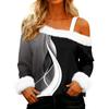 Women's Off-the-shoulder Plush Neck Printed Long-sleeved Pullover T-shirt Top