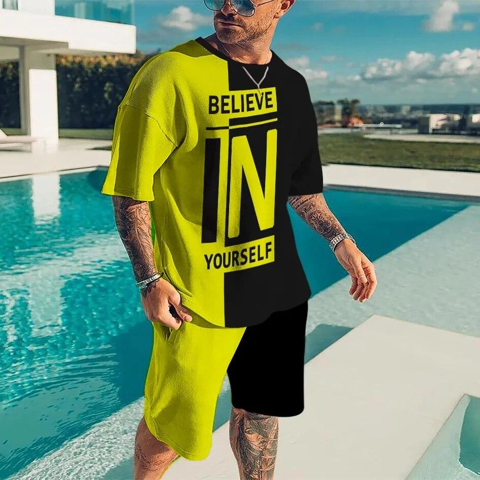 Trening pentru bărbați de vară Believe in Yourself Tricou Set de pantaloni scurți Ținută sport Costum de jogging Haine supradimensionate Îmbrăcăminte de stradă în aer liber