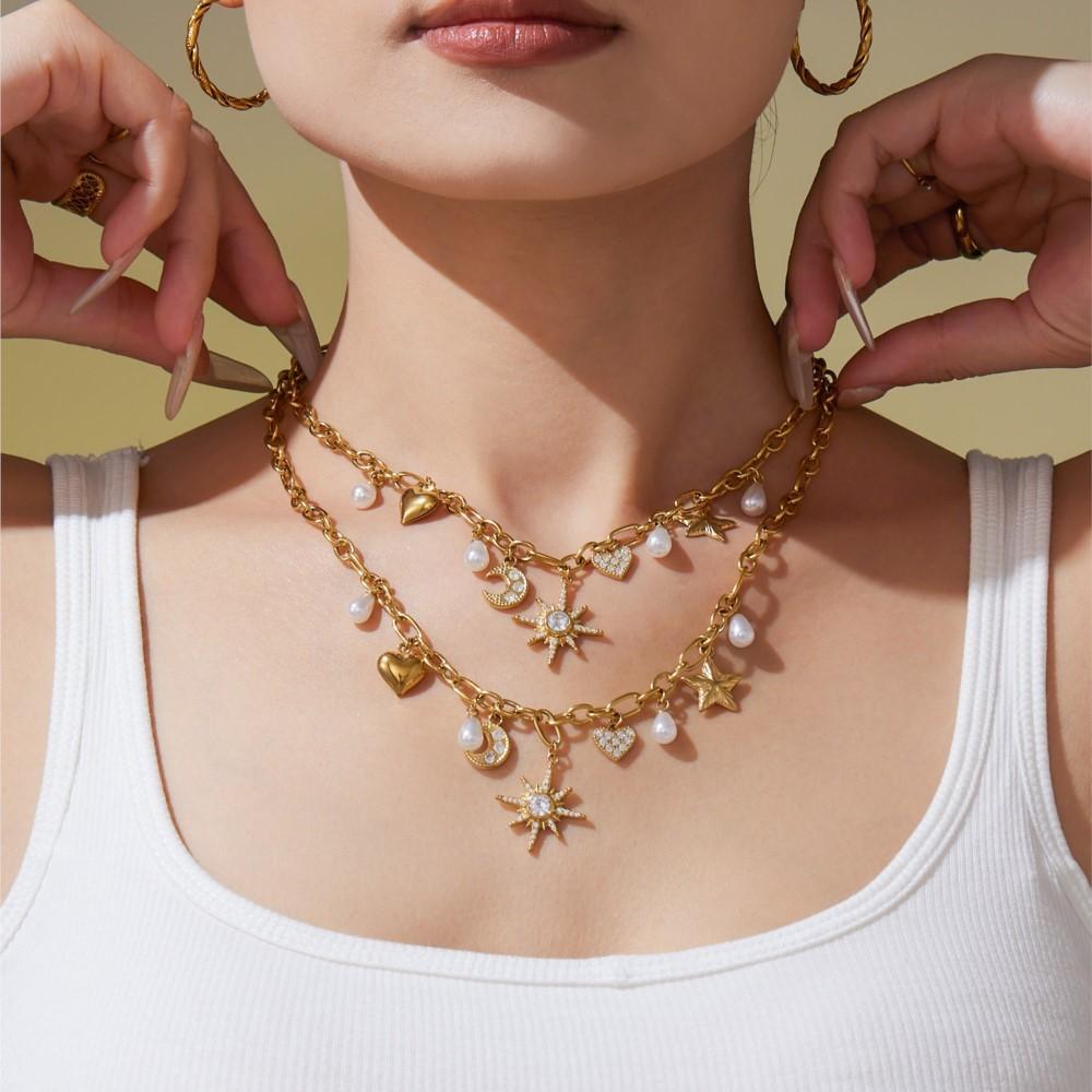 Zircon Star Moon Heart Charms Necklace Matching Bracelet in Stainless Steel 18K Gold Plated Chain Necklaces Bracelets For Women