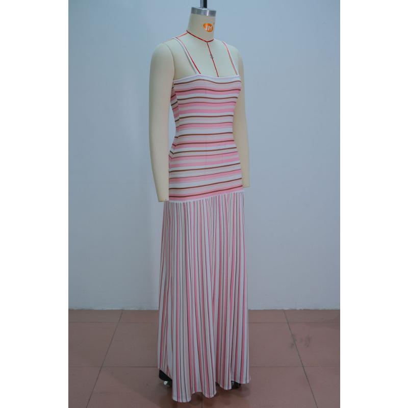 Women Summer Striped Spaghetti Strap Maxi Dress Backless High Waist Slim Fit Pleated Flared Hem Elegant Casual Vacation Bodycon Floor Length Sundress
