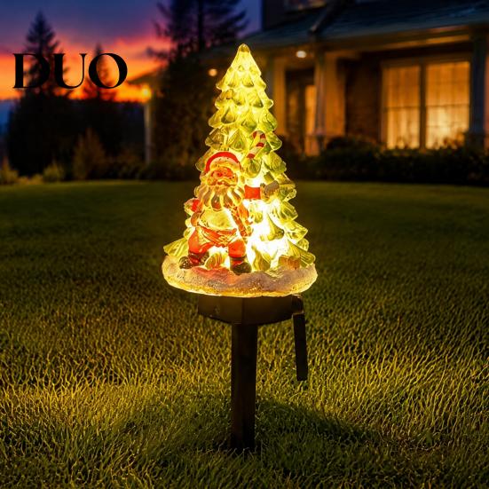 Outdoor Solar Christmas Decorations Garden Light, Santa Tree Resin Yard Stake Decor with Auto Sensor LED Landscape Warm Glow, Waterproof Lawn Lamp for