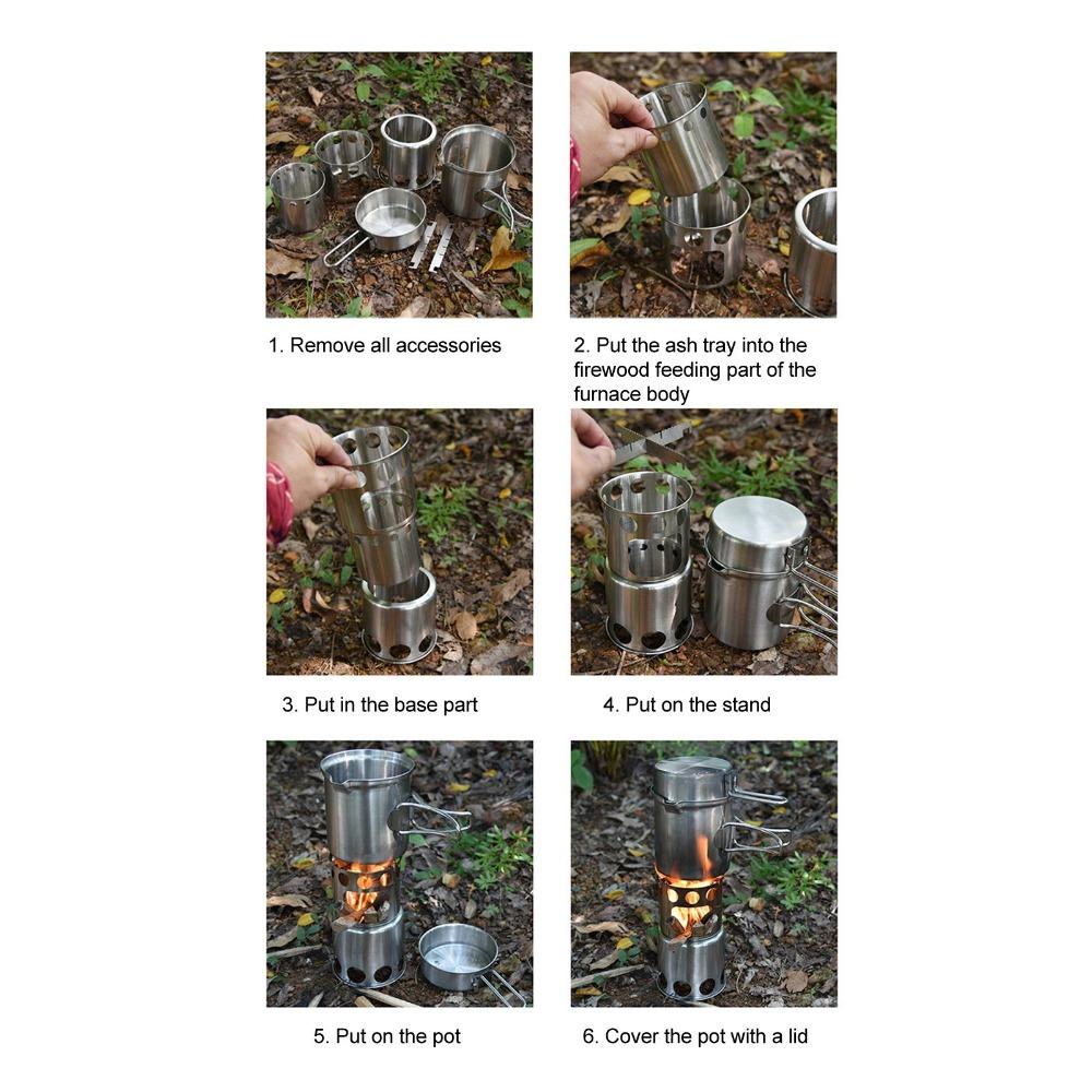 Stainless Steel Portable Camping Stove With Mesh Pouch Camping Pot Set  Outdoor Cooking