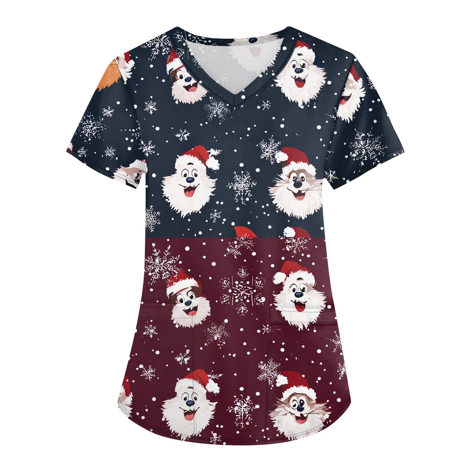 

Женская мода с v-образным вырезом, короткими рукавами и карманами, топы с рождественским принтом L