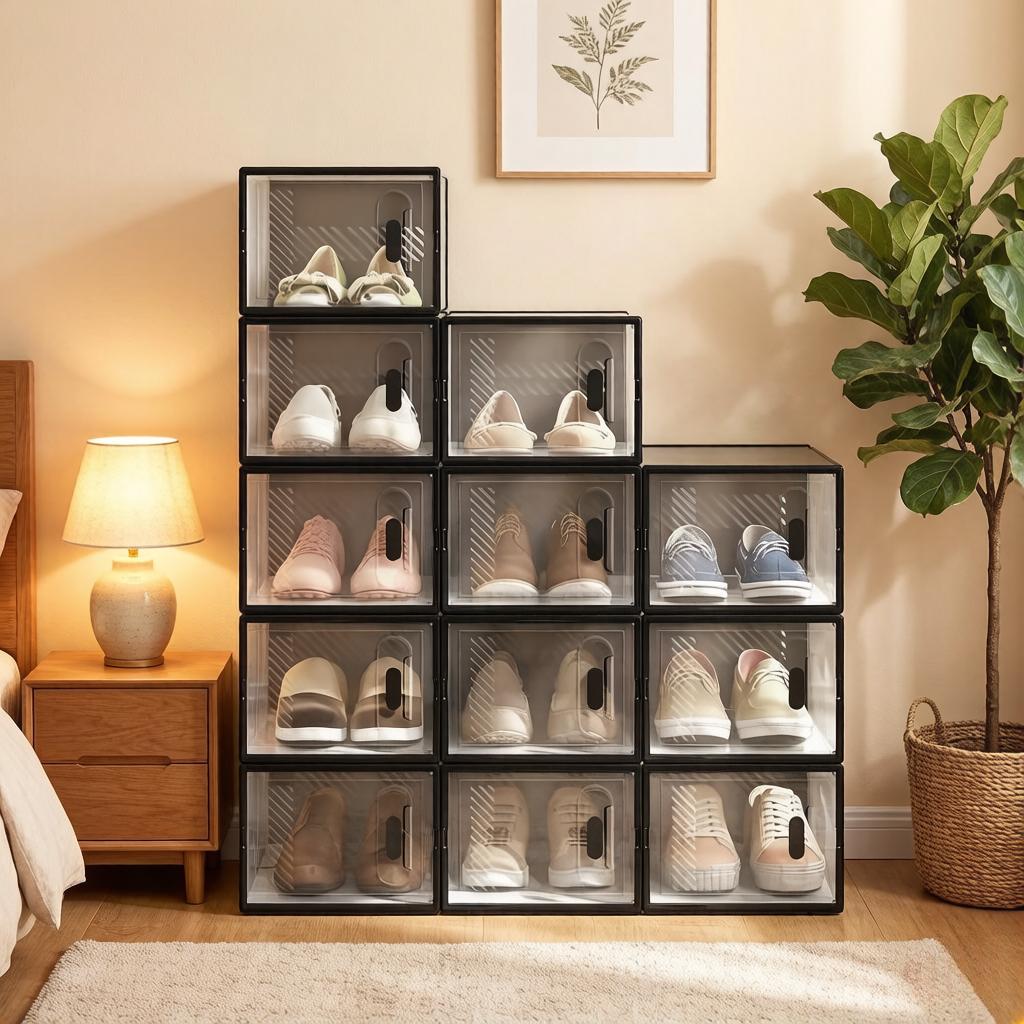 Stackable Shoe Storage Box,Storage Box,Modular Shoe Rack,Bookshelf,Toy Organizer,Wardrobe,Bathroom Cabinet(only with 12Pcs Storage Box)
