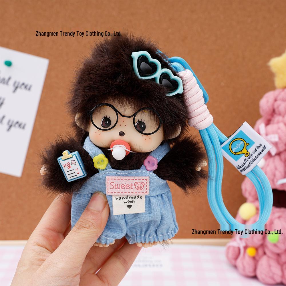 Monchhichi 15CM Bambola alla Moda Portachiavi - Ciondolo Borsa Stile Salopette & Regalo Fai da Te