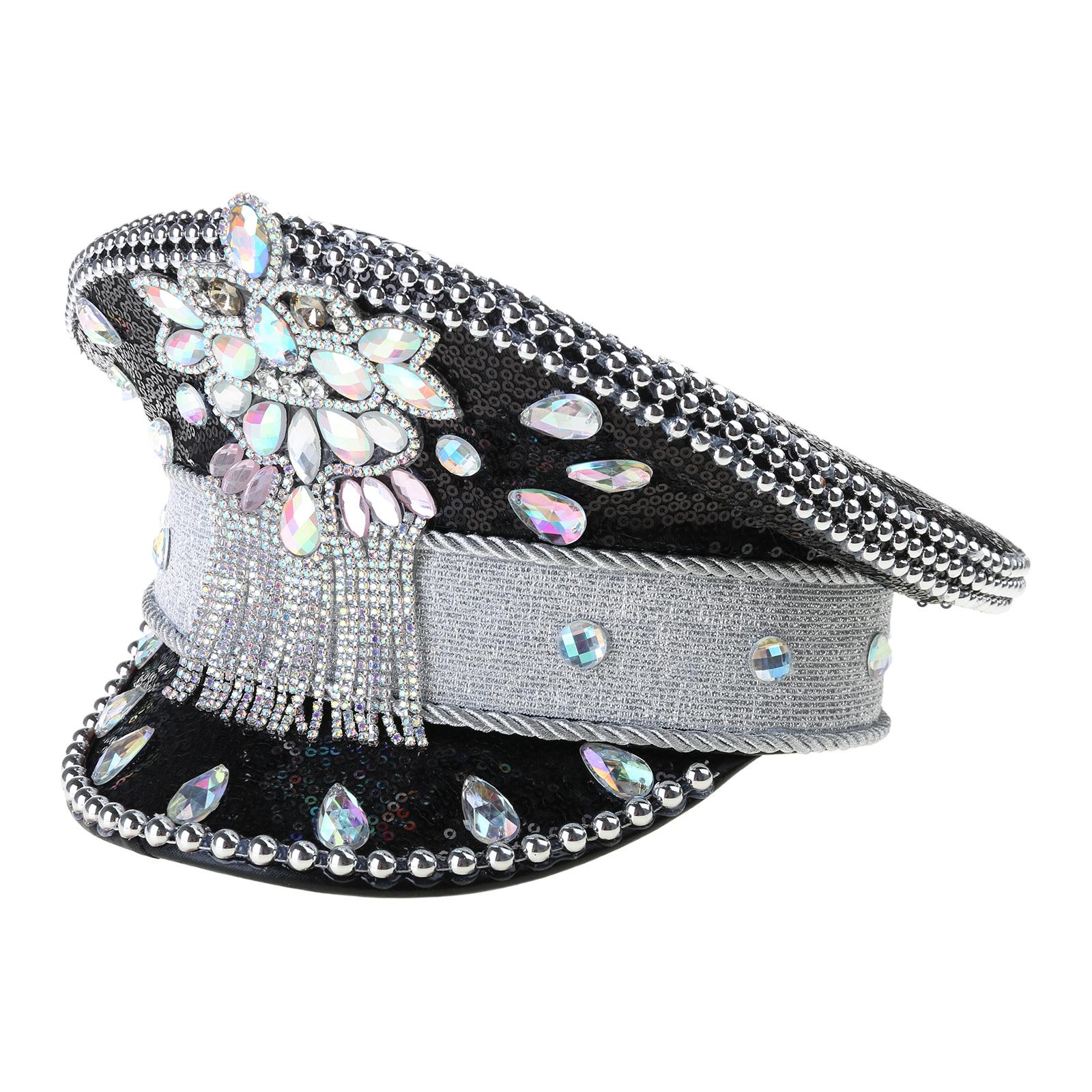 

Party Captain Hat Shining Crystals Gothic Goggles Officer Hat for Party Cool Rivets Photography Props 6