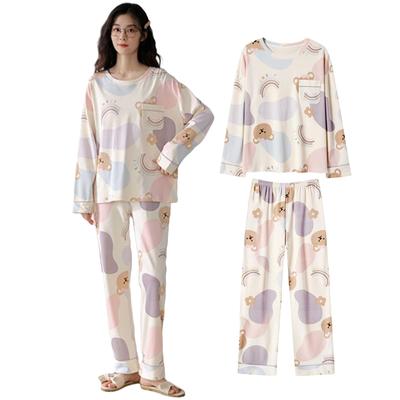 Narebuy Rundhals Langarm Pyjama Cartoon Geprägt Weich zum Lockeren Elastischen Faulen Winter Damen Set, Druck, Atmungsaktiv, Gefühl, Passform, Taille,