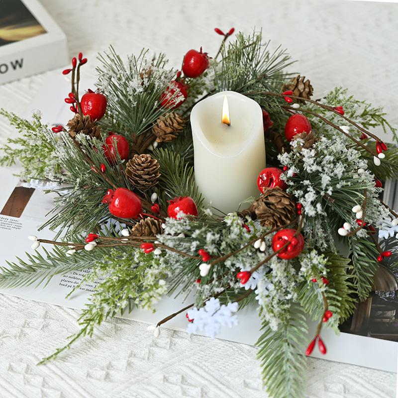 

2025 Cross-border Christmas Wreath with Berries, Pine Cones, and Candle Holder