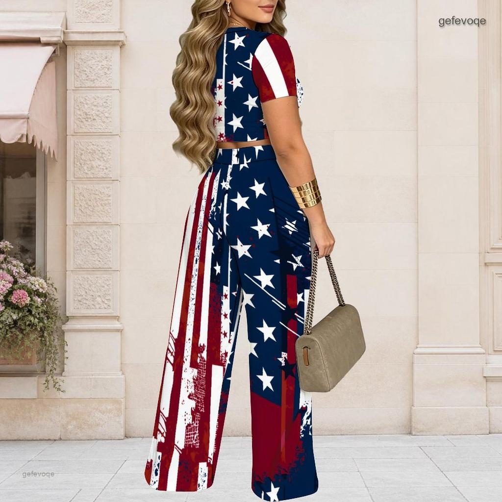 Women Plus Size Light Grey Round Neck Short Sleeve Printed Crop Top Wide Leg Pants Two Piece Set
