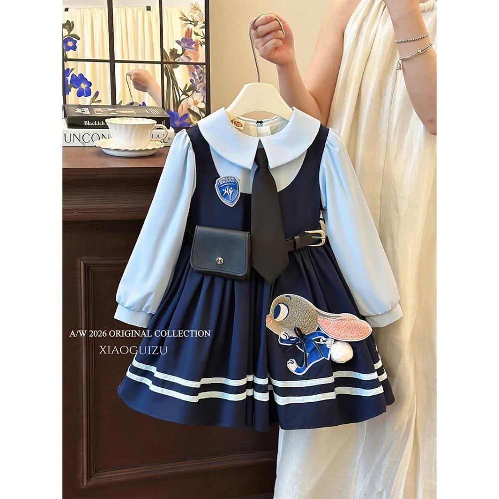 Judy Girls' Dress Spring Autumn Long Sleeves Lapel Cartoon Dresses Children's Casual Rabbit Officer Princess Dress