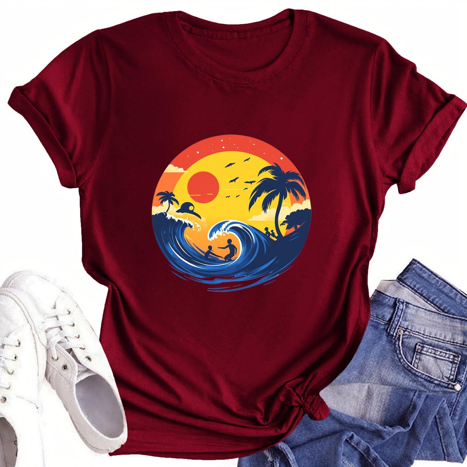 

Футболки з короткими рукавами для жінок Модні топи Легкий м’який повсякденний літній одяг Одяг XL винний