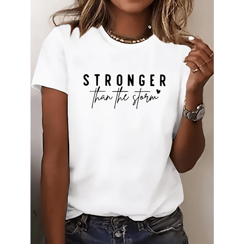 Women's Turquoise "STRONGER Than The Storm" Graphic T-Shirt - Elegant Round Neck Short Sleeve, Breathable Polyester,