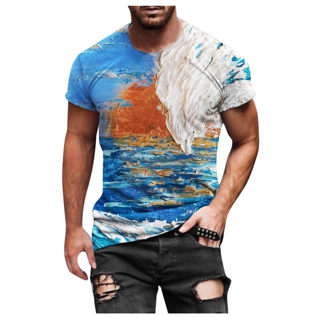 Men Spring Summer Casual Slim 3D Printed Short Sleeve T Shirt Top Blouse