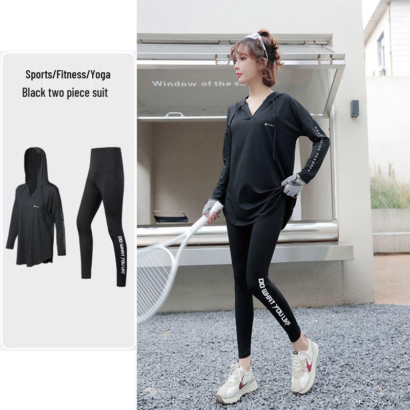 

Женский фитнес-комплект большого размера с капюшоном: Быстросохнущий лонгслив для бега, спортзала и йоги L