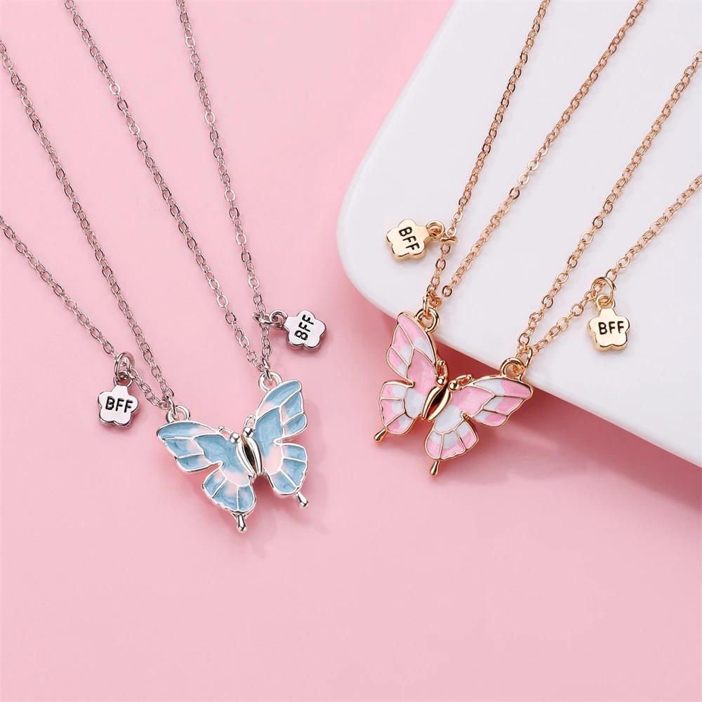 2PCS/Set Beautiful Butterfly Pendant Necklaces Best Friends Couple Magnet Choker Vintage Chain Lover Fashion Party Jewelry Gifts