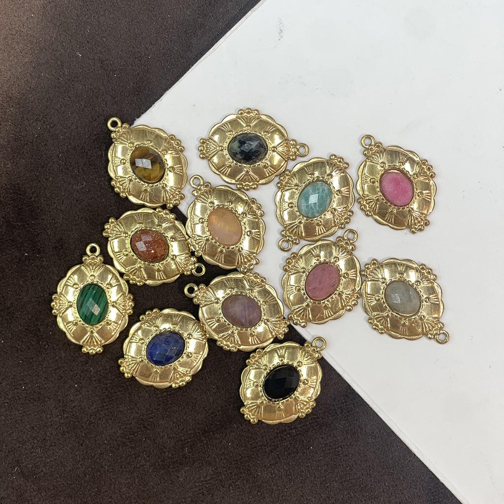 3Pcs Natural Stone Vintage Oval Pendant 18x24mm Ornate Gold‑Tone Floral Frame Single Hole Charm For DIY Necklace Jewelry Making