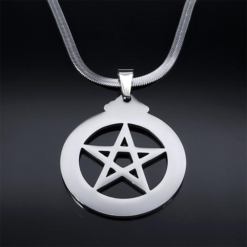 Witch Pentagram Necklace for Women Men Stainless Steel Silver Color Wicca Pagan Star Pentacle Alphabet Necklace Jewelry Bijoux