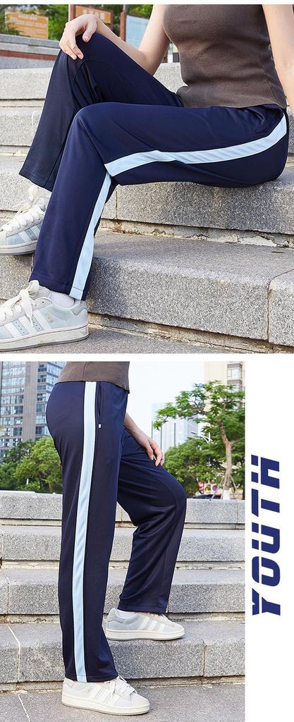 Unisex Dark Blue Striped Summer School Uniform Trousers for Students, Loose Straight-Leg Style
