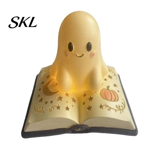 Small Cordless Light Halloween Ghost Table Lamp, Resin Spooky Night for Dreamy Bedroom Decor Bookshelf, Warm Amber Purple Glow Gothic Decorative Desk