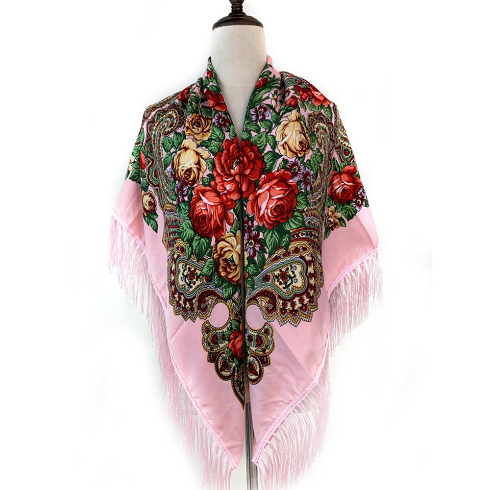 135*135Cm Russian Style Square Scarf For Women Luxury Floral Print Bandana Head Scarves Lades Fringed Shawl Headwraps Foulard