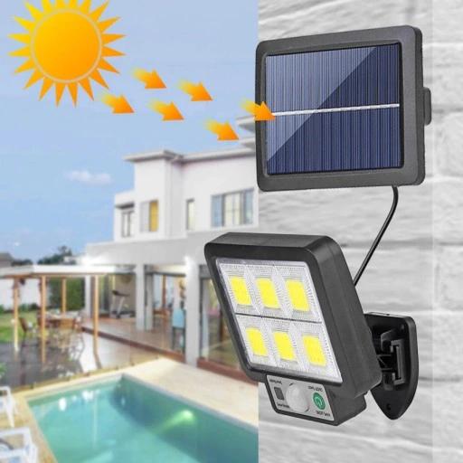 Mocna Lampa Solarna 120 Led Z Czujnikiem Ruchu Ogrodowa Elewacyjna + Pilot