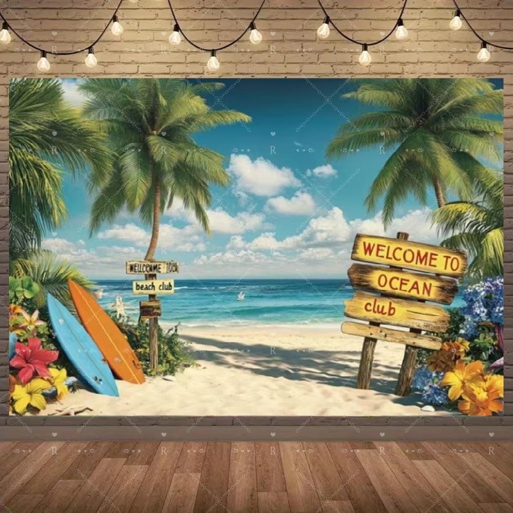 Summer Beach Holiday Party Decoration Backdrop Sunshine Flamingo Ocean Surfboard Portrait Photography Background Props Banner