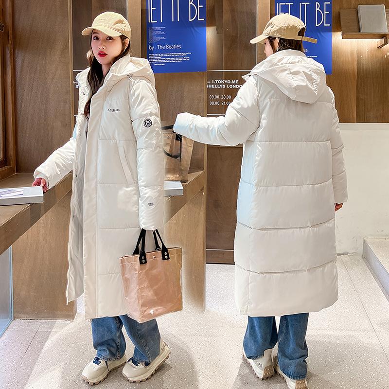 Women's Winter Mid-length Cotton-padded Jacket with Hood and Knee-length Loose Fit
