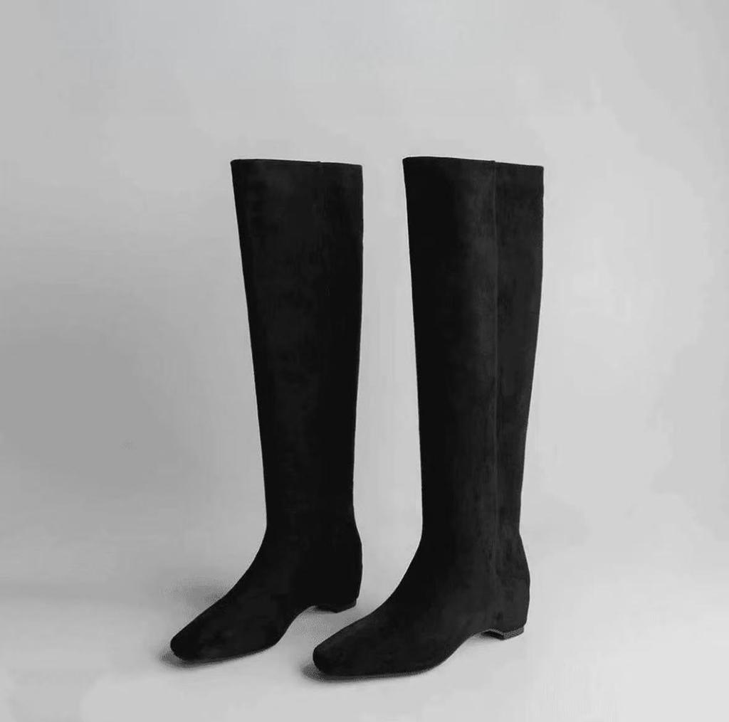 Cowhide version~ inner height increase 5cm French retro square head boots women's thick heel versatile fashion thin boots and knee boots