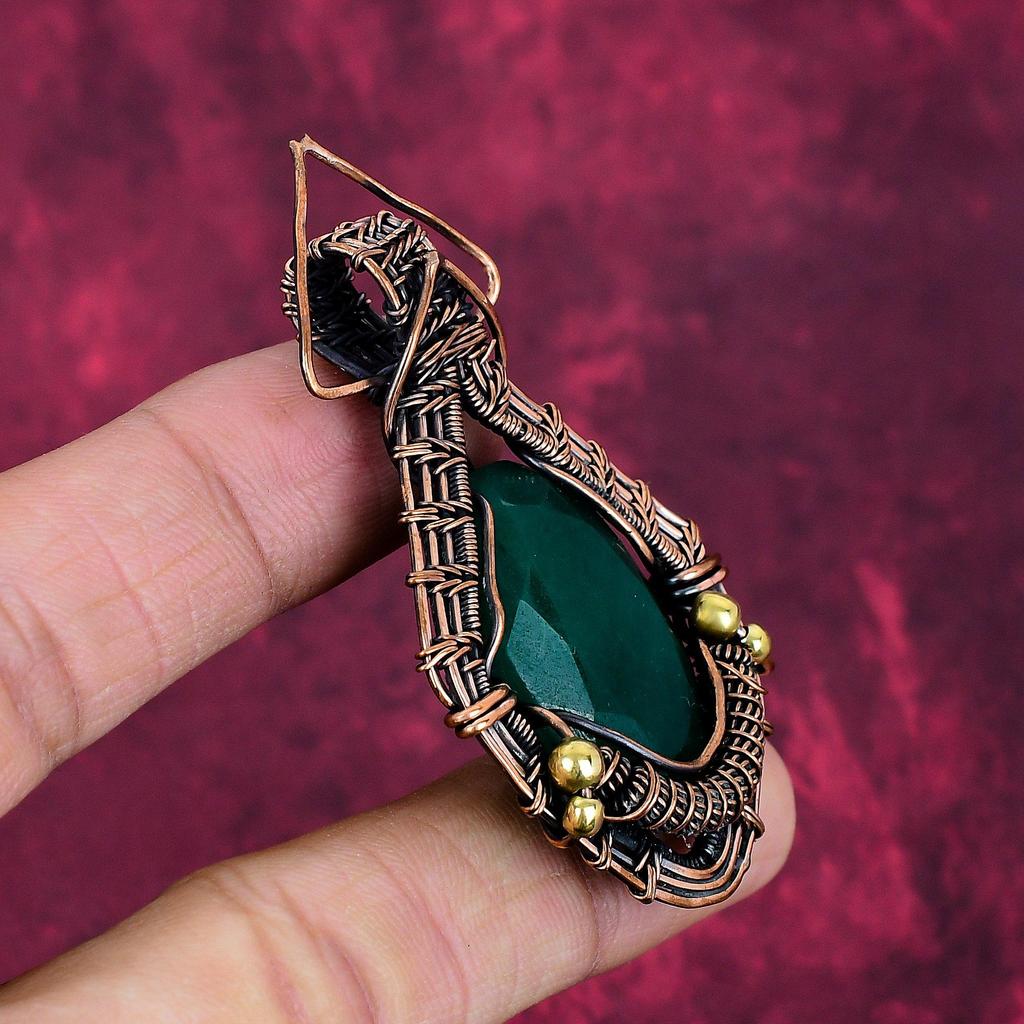 Faceted Zambian Emerald Gemstone Pendant Copper Wire Wrapped Handmade Jewelry