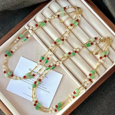 Retro Hohe Qualität Stark Hoher Glanz Imitation Perle Natürlicher Chalcedon Dongling Jade Halskette Schlüsselbein Kette Pullover Kette