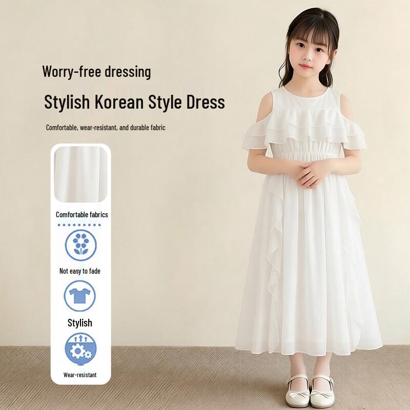 Girls Summer Off-Shoulder Ruffle Chiffon Maxi Dress 140