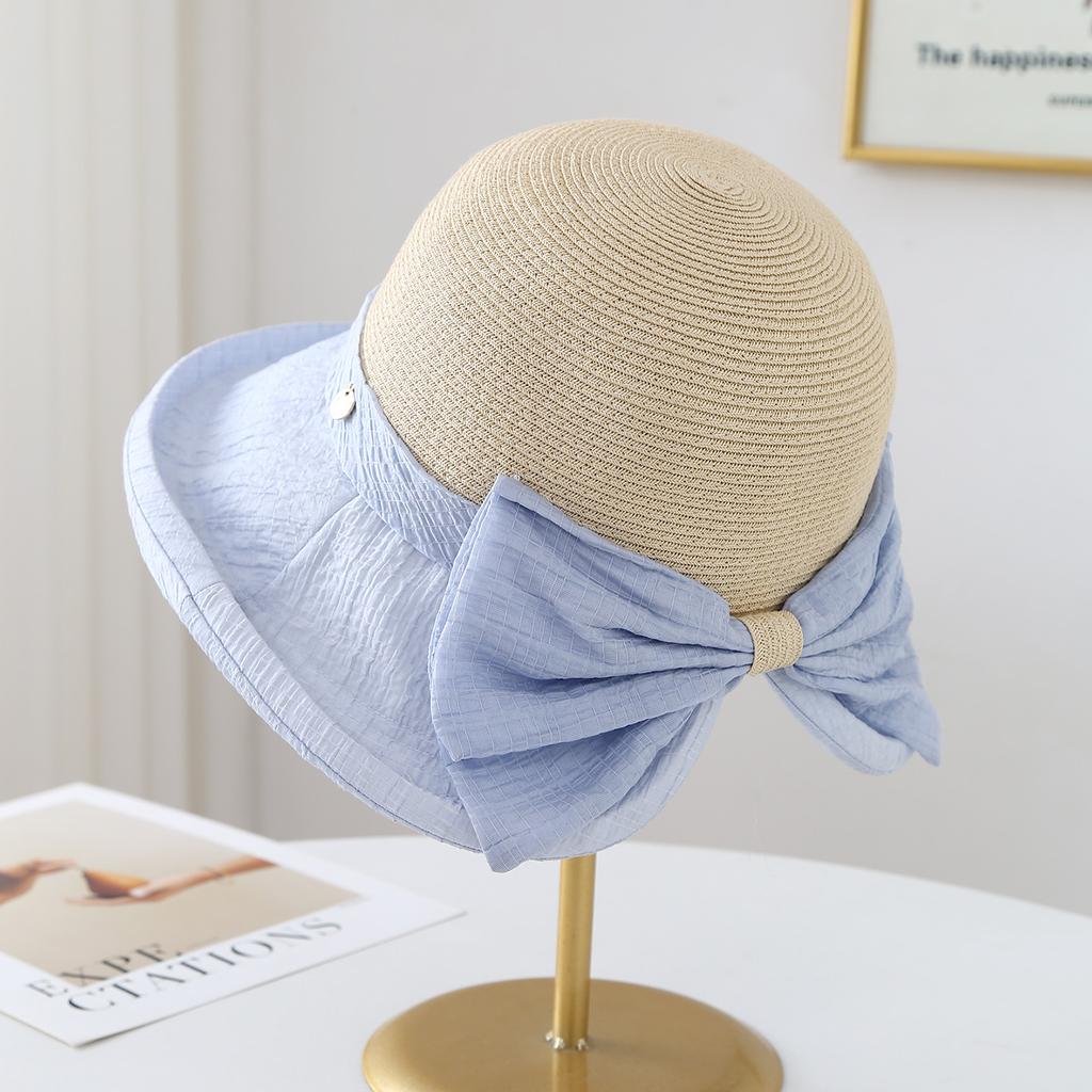 Women's Summer Wide Brim Bucket Hat Bow-Knot Patchwork Fisherman Style Beach Accessory