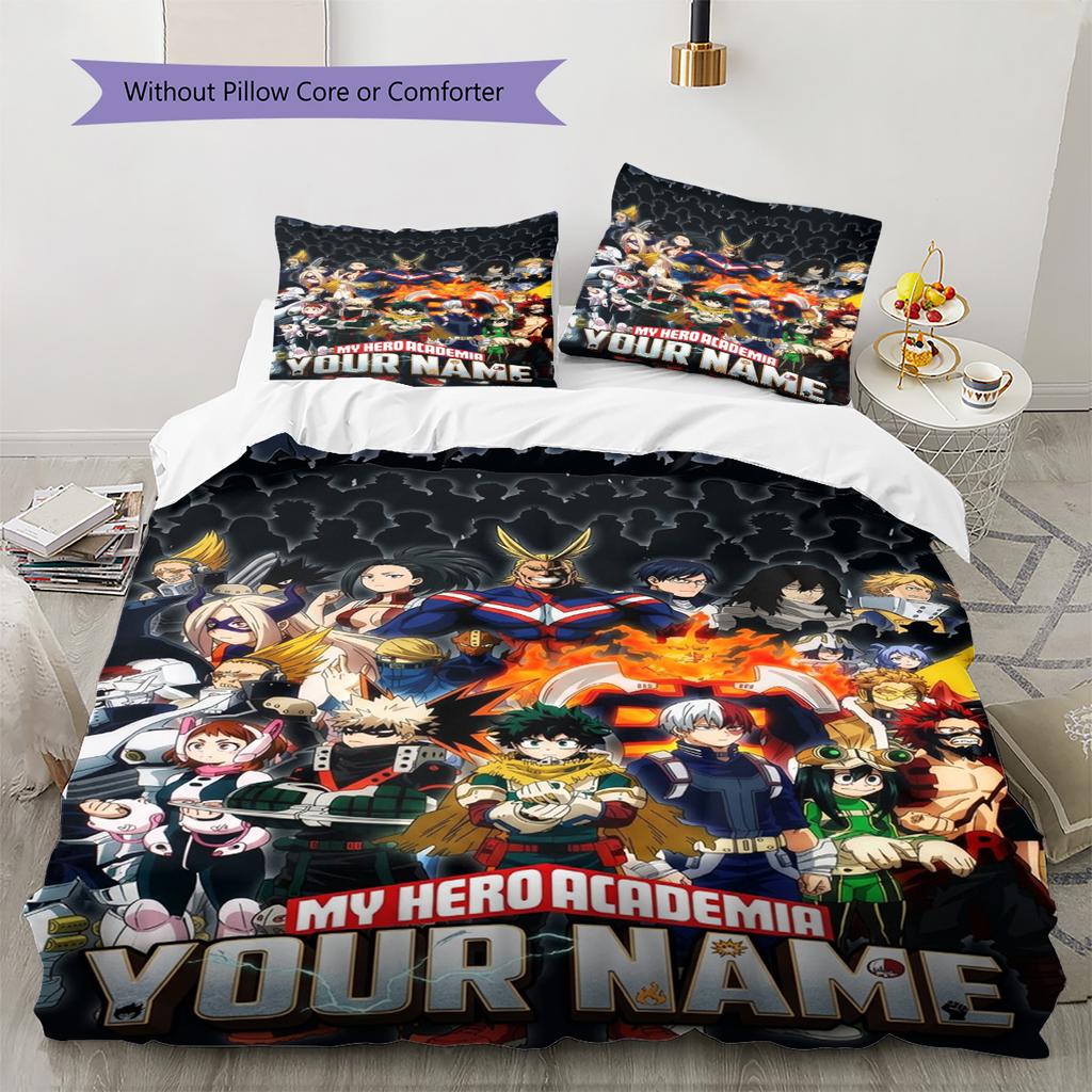 Name Custom My Hero Academia Pattern Bedding Set Quilt Cover Pillowcase Home Decor Gift (1 * Duvet Cover + 2 * Pillowcase, Without Core)