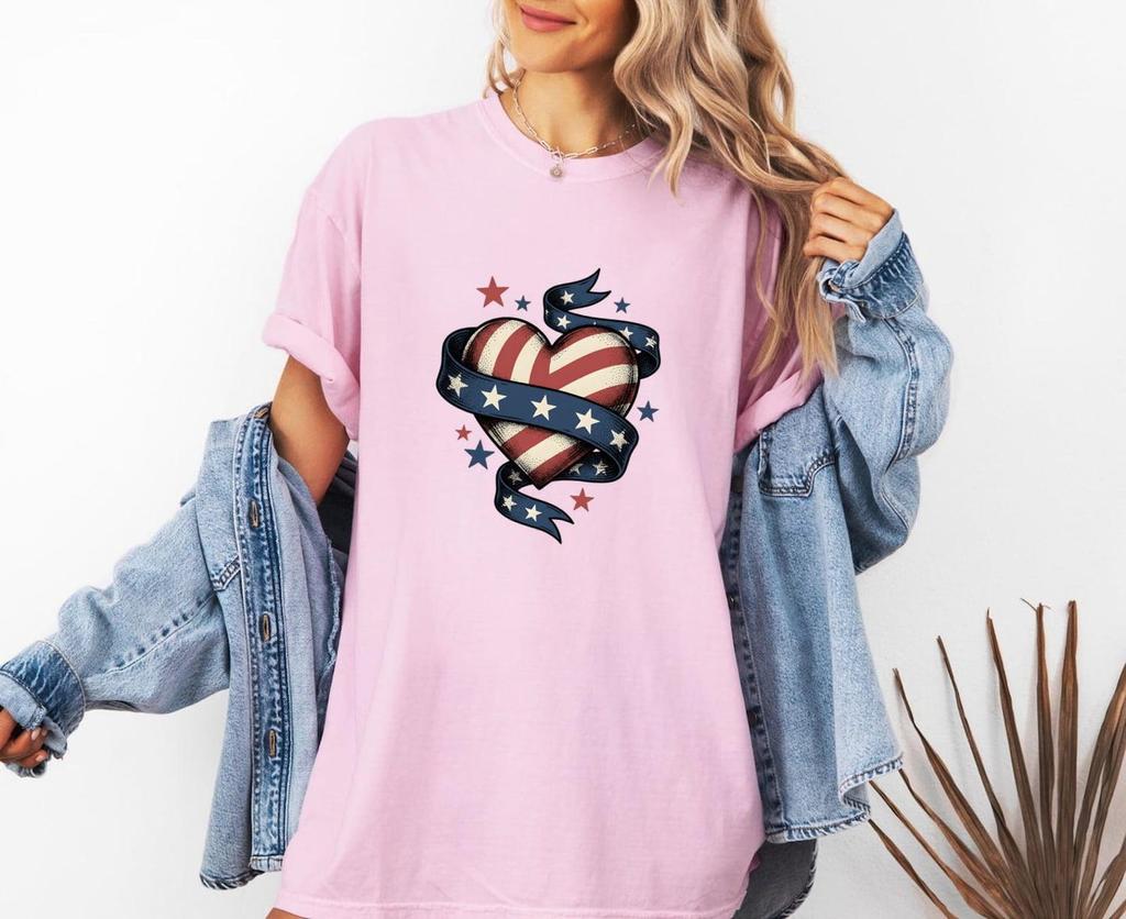 Ribbon Wrapped Heart T-shirt, Flag-Inspired Graphic Tee, Comfort Colors 1717 Patriotic Top